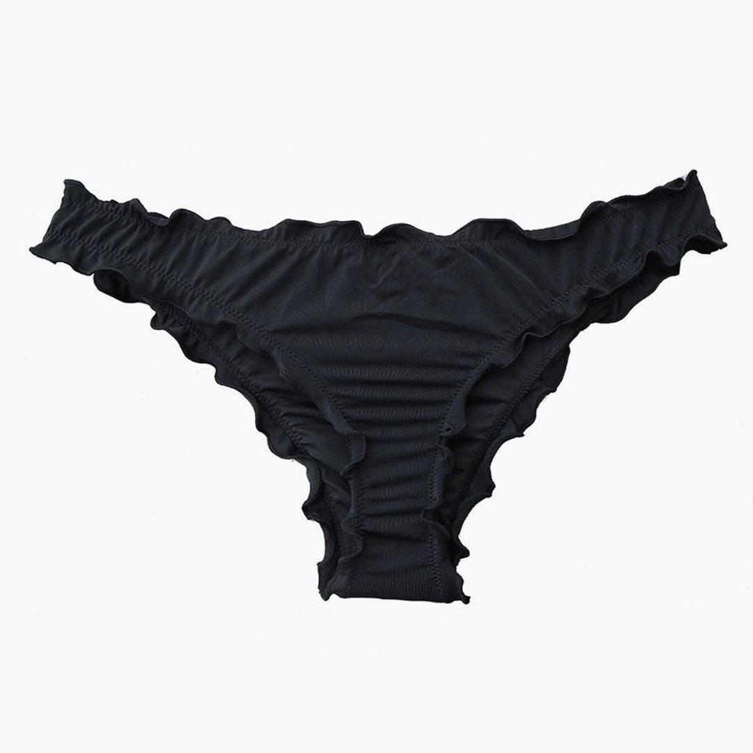 Schwarzes, Hoch Geschnittenes, Einfarbiges Bikinihöschen Aus Chiffon Mit Rüschen