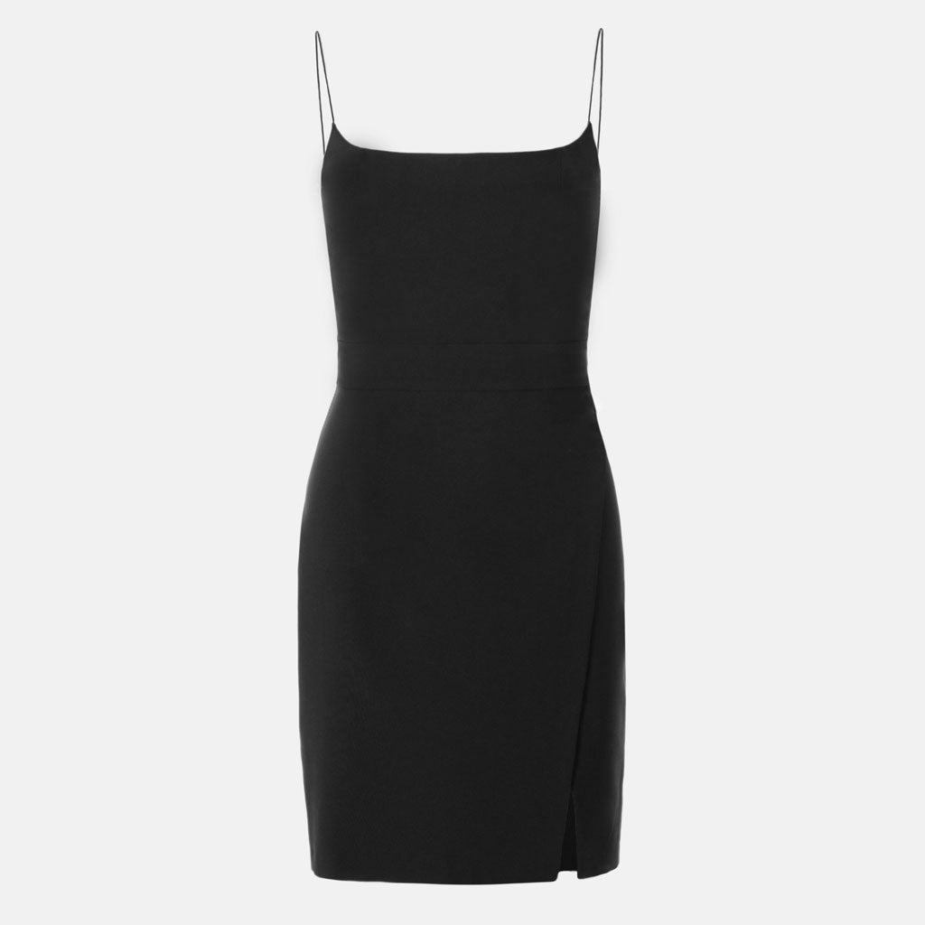 Schickes Schwarzes, Figurbetontes Minikleid Mit Spaghettiträgern Und Schlitz Vorne