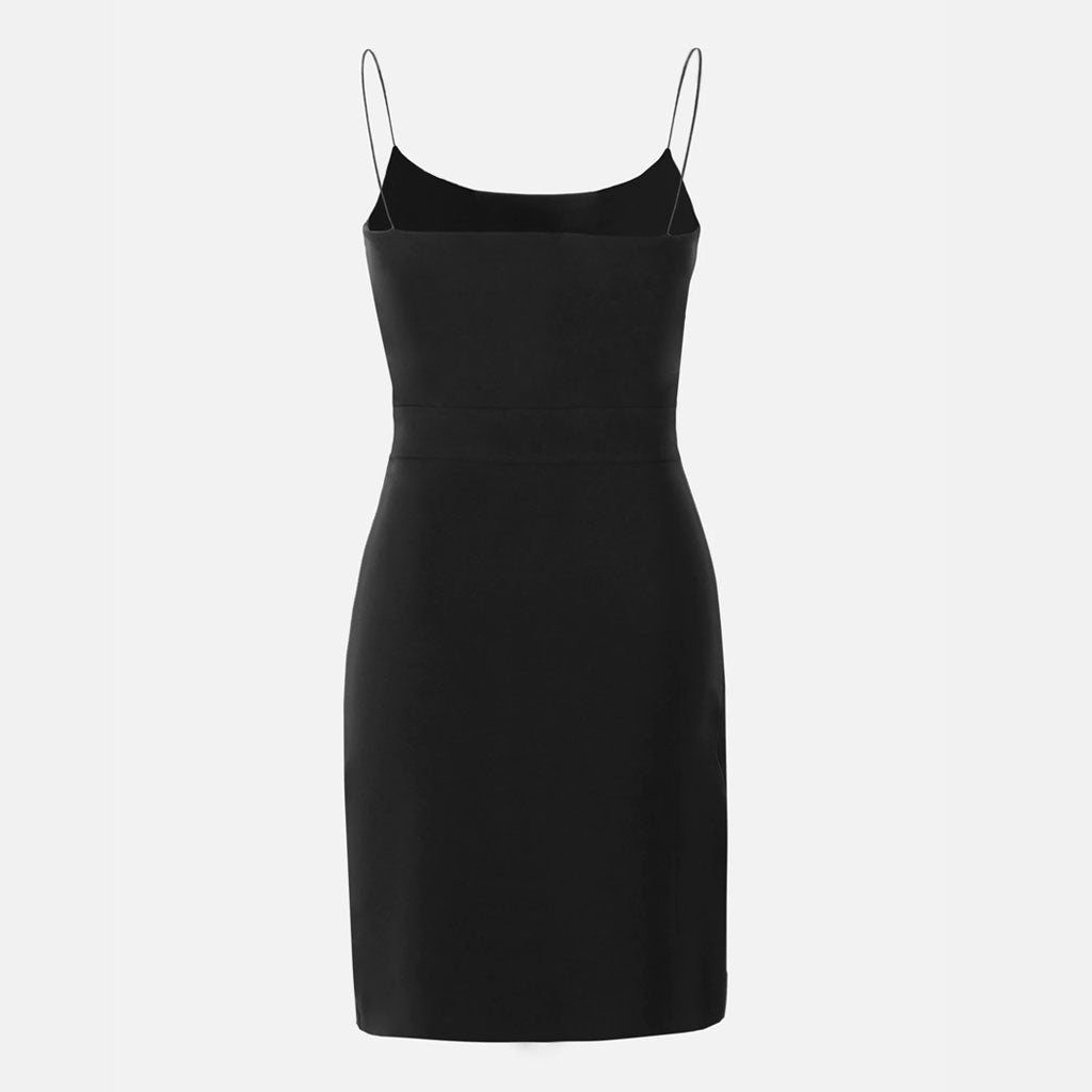 Schickes Schwarzes, Figurbetontes Minikleid Mit Spaghettiträgern Und Schlitz Vorne