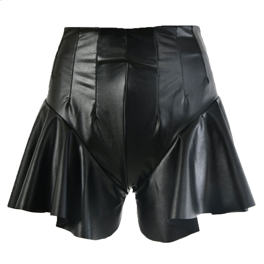 Original High Waist Shorts Aus Schwarzem Leder Mit Reißverschluss Hinten Und Volantdetail