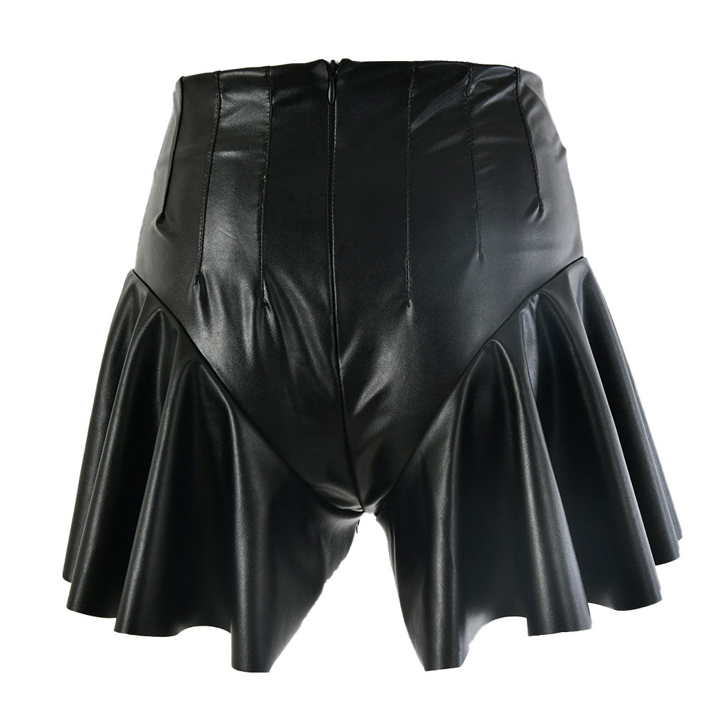 Original High Waist Shorts Aus Schwarzem Leder Mit Reißverschluss Hinten Und Volantdetail