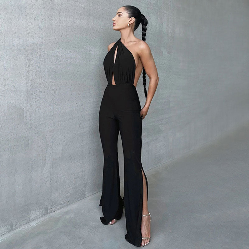 Mehrzweck-Jumpsuit İn Schwarz Mit Tiefem Ausschnitt, Offenem Rücken, Schlitz Und Ausgestelltem Bein