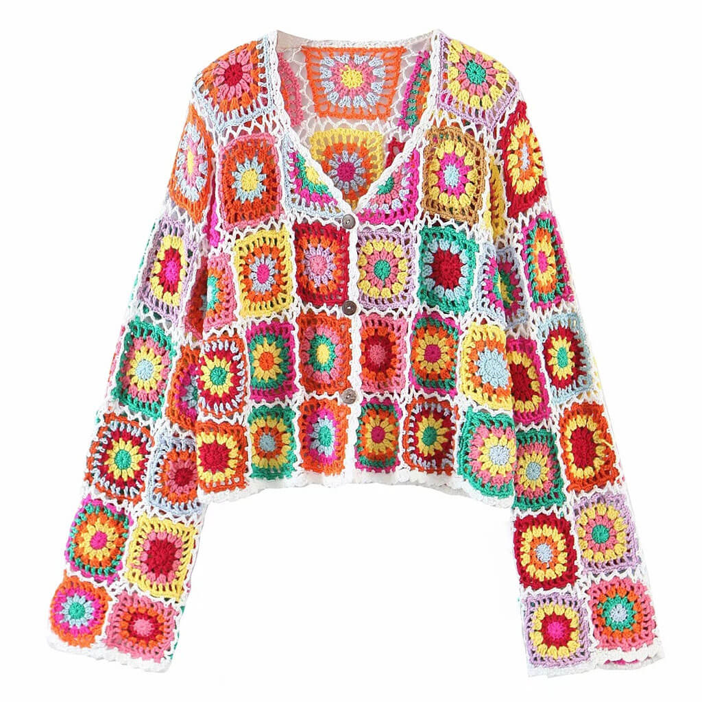 Bunte Häkel-Strickjacke Mit Blumenmuster – Mit Leuchtenden Puffknöpfen
