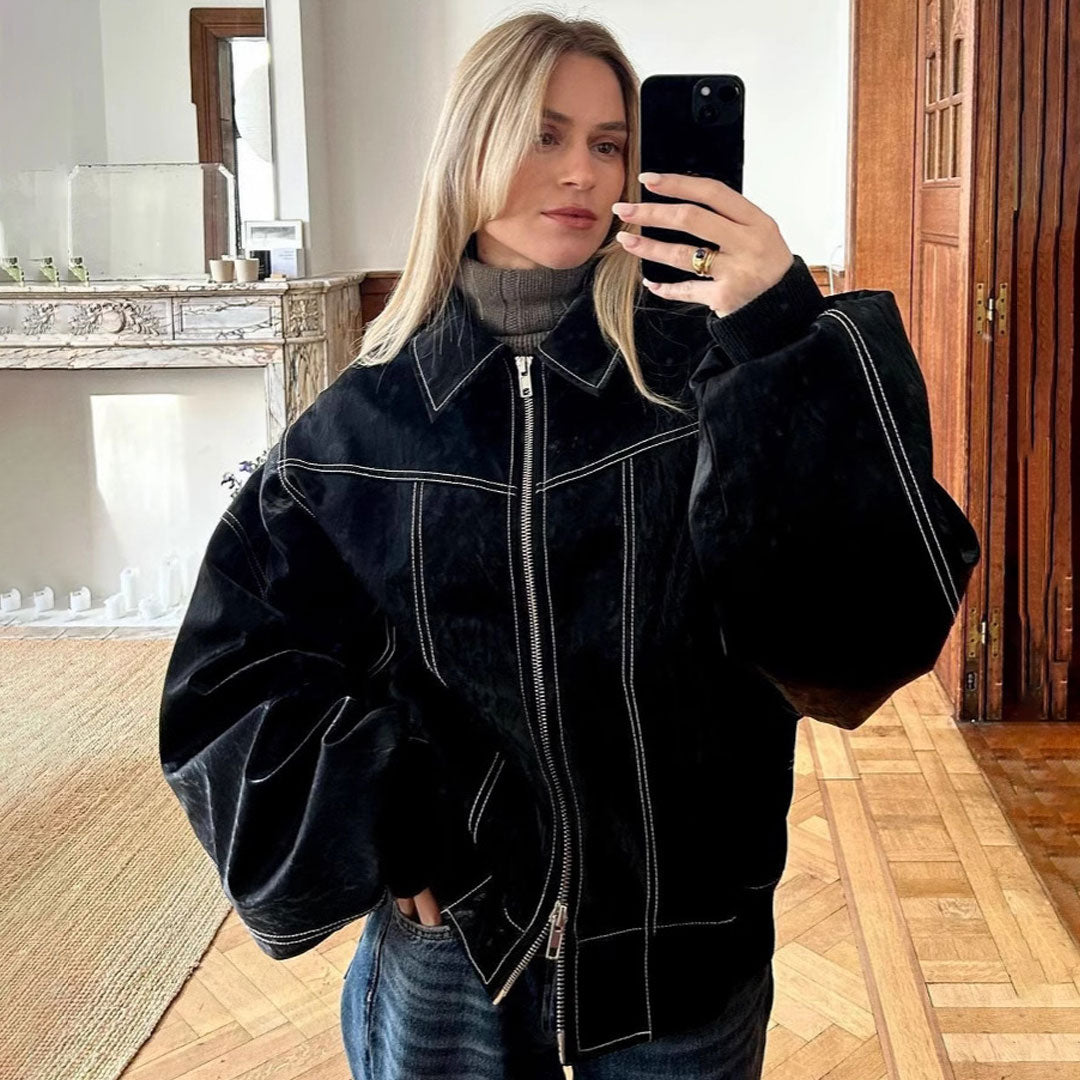 Oversize-Kunstlederjacke Mit Retro-Kragen, Reißverschluss Und Kontrastnähten