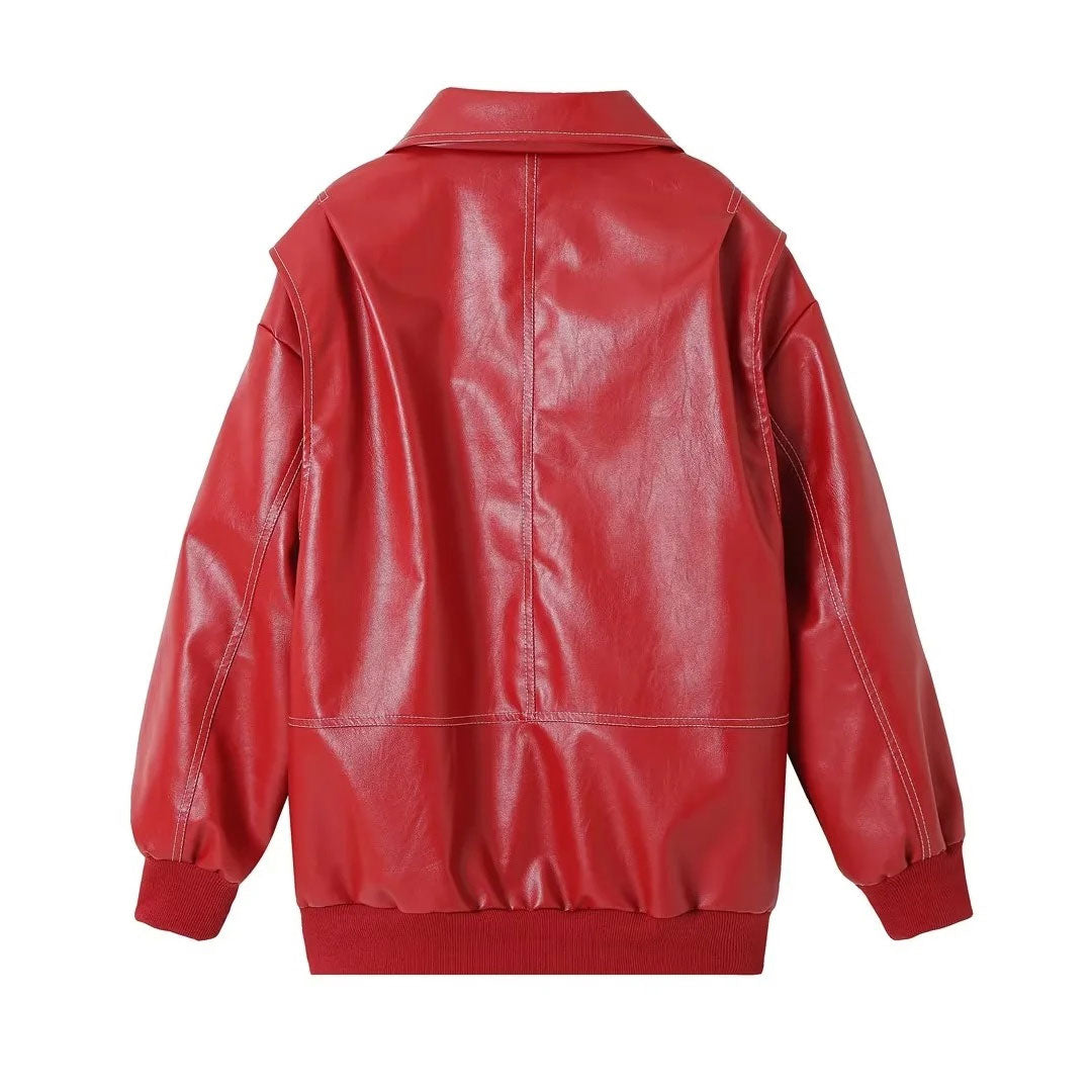 Oversize-Kunstlederjacke Mit Retro-Kragen, Reißverschluss Und Kontrastnähten