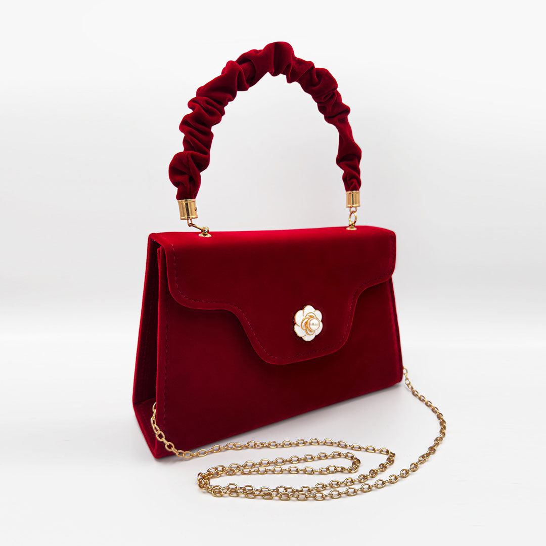 Retro Faux Wildleder Faltbare Blumen Detaillierte Rüschen Griff Clutch Tasche - Rot