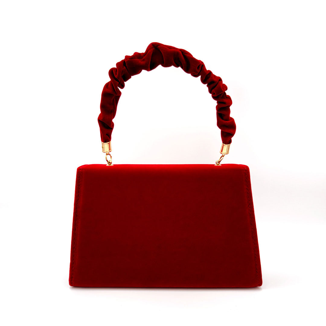 Retro Faux Wildleder Faltbare Blumen Detaillierte Rüschen Griff Clutch Tasche - Rot