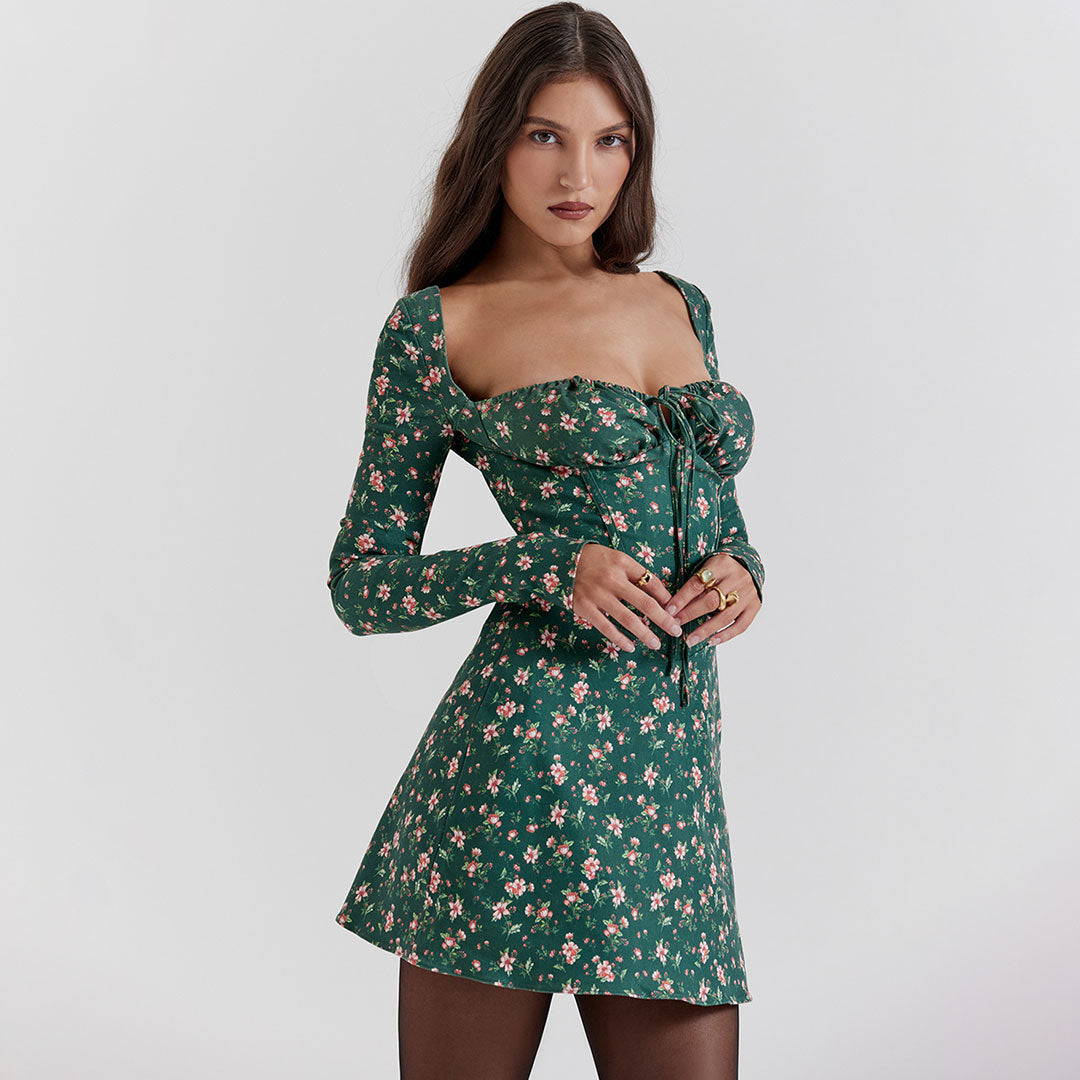 Retro Blumendruck Bustier Corsage Minikleid - Smaragdgrün, Für Gartenparty