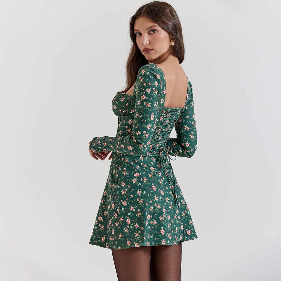 Retro Blumendruck Bustier Corsage Minikleid - Smaragdgrün, Für Gartenparty