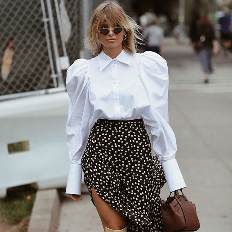 Vintage Weiße Rüschenbluse Mit Puffärmeln Und Knöpfen