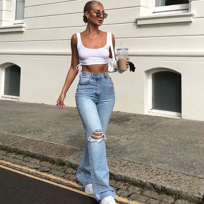 Vintage High Waist Zerrissene Cut-Off Straight Leg Jeans - Blassblau