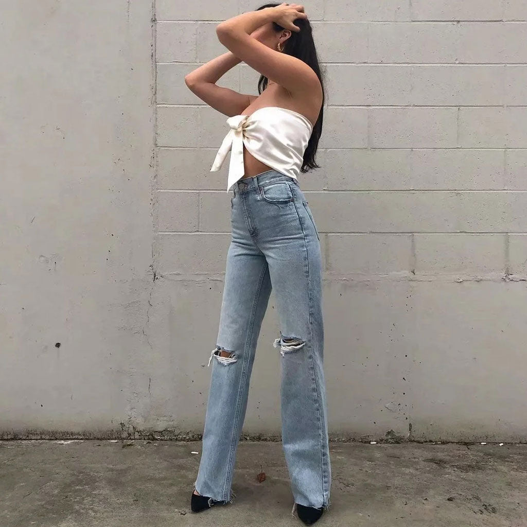 Vintage High Waist Zerrissene Cut-Off Straight Leg Jeans - Blassblau