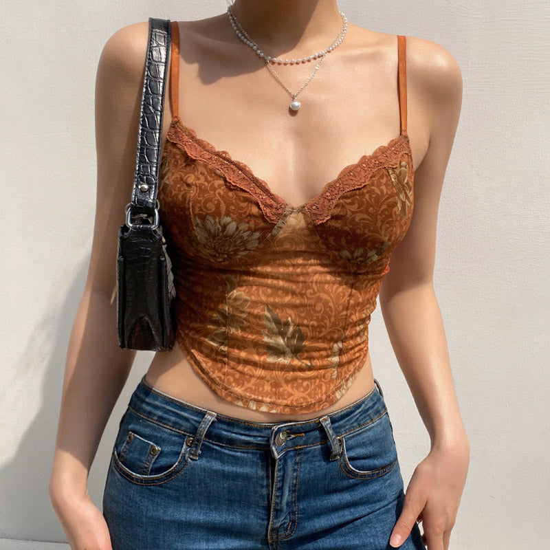 Retro Spitze Herzförmiger Ausschnitt Blumenmuster Transparentes Mesh Kurzes Crop Top - Braun