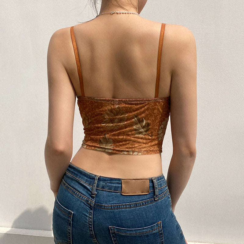 Retro Spitze Herzförmiger Ausschnitt Blumenmuster Transparentes Mesh Kurzes Crop Top - Braun
