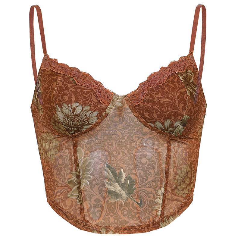 Retro Spitze Herzförmiger Ausschnitt Blumenmuster Transparentes Mesh Kurzes Crop Top - Braun