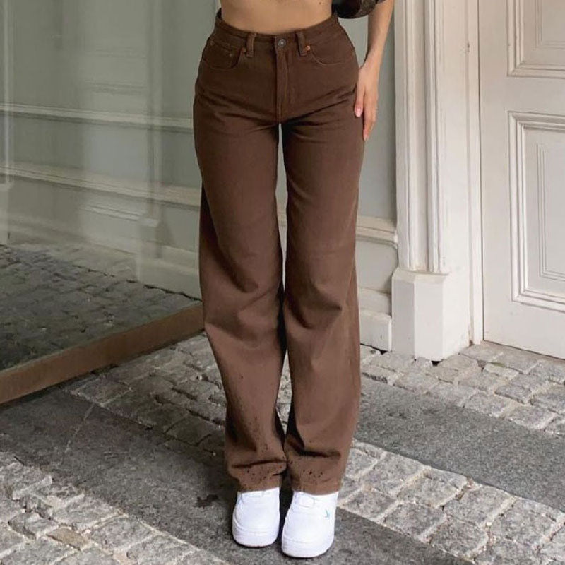 Retro 90Er High Waist Straight Leg Jeans - Schokoladenfarbe