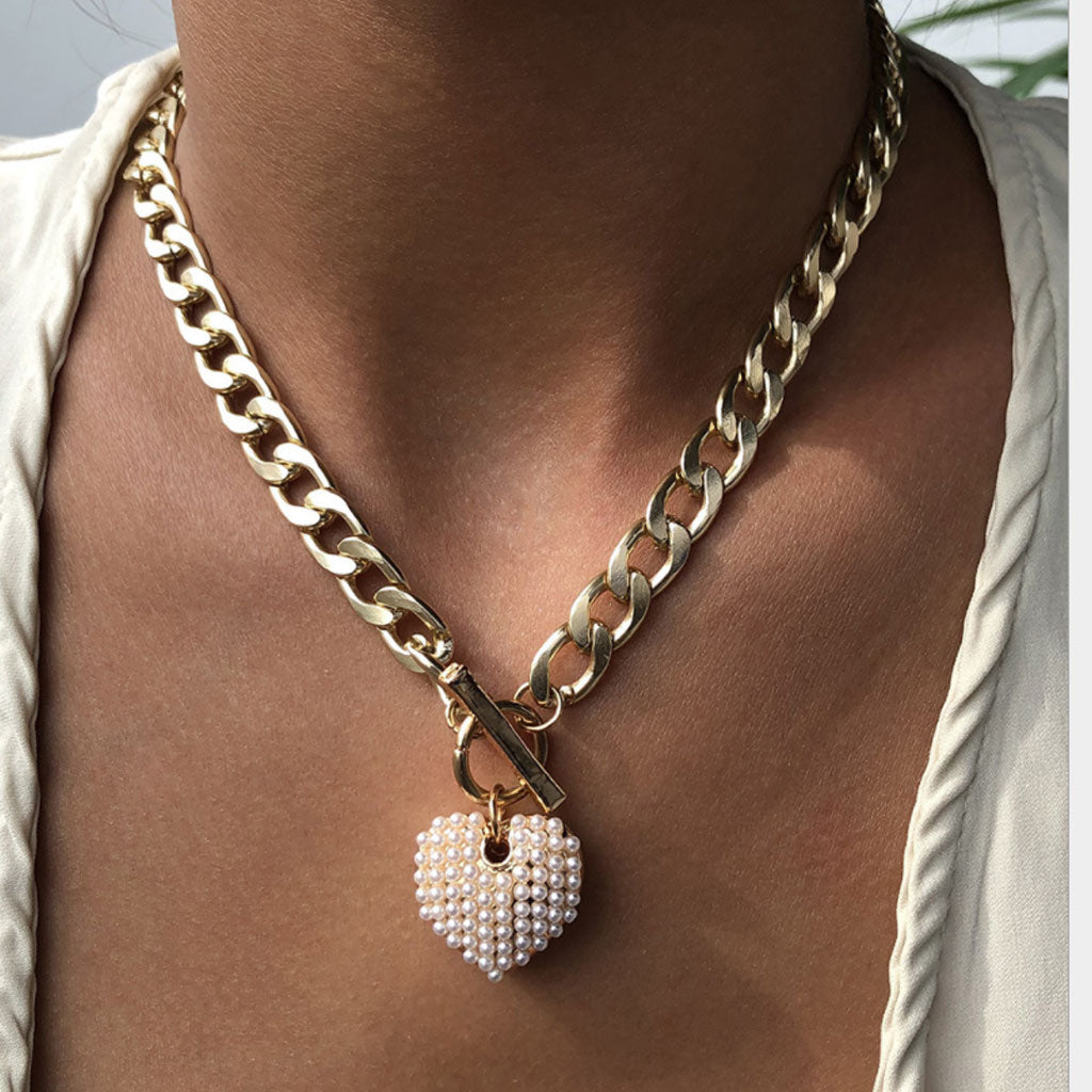 Vintage Stil Dicke Kette Perlen-Look Schwellung Herz Charm Halskette - Gold