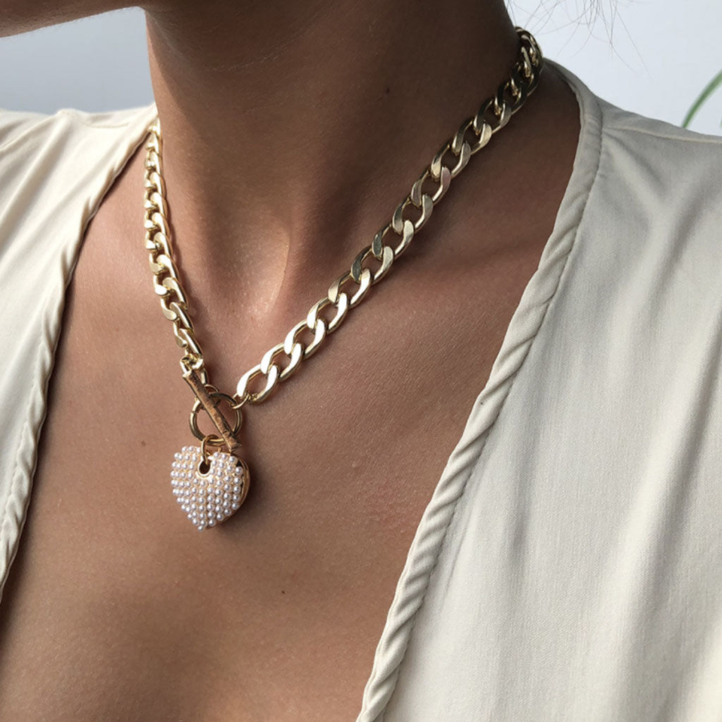 Vintage Stil Dicke Kette Perlen-Look Schwellung Herz Charm Halskette - Gold