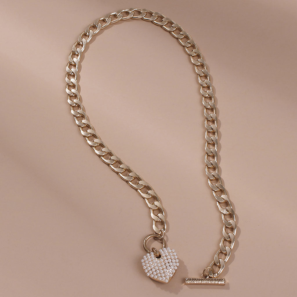 Vintage Stil Dicke Kette Perlen-Look Schwellung Herz Charm Halskette - Gold