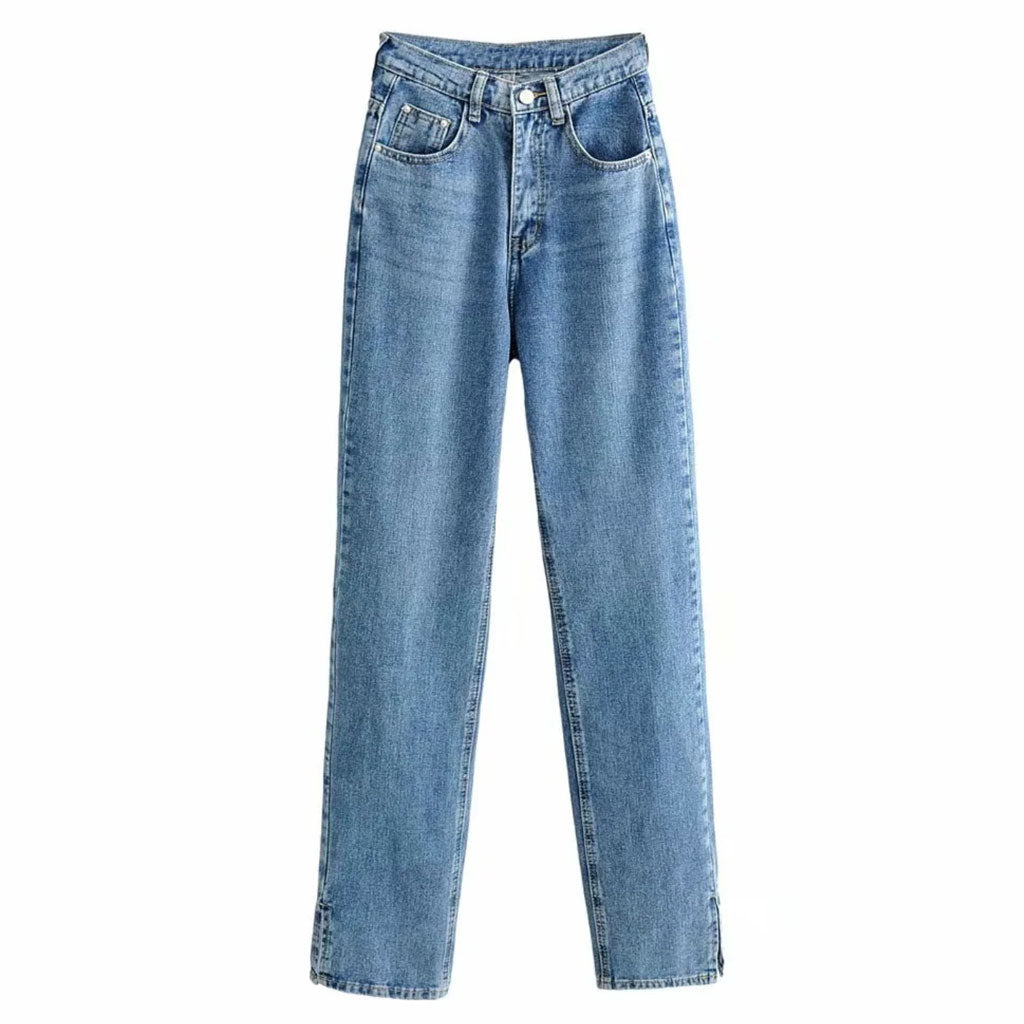 Jeans İm Vintage-Stil Mit Hoher Taille Und Geradem Bein – Dunkelblau, Seitenschlitz-Detail
