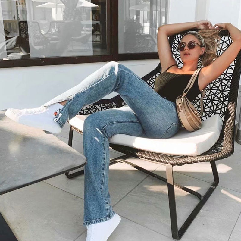 Jeans İm Vintage-Stil Mit Hoher Taille Und Geradem Bein – Dunkelblau, Seitenschlitz-Detail