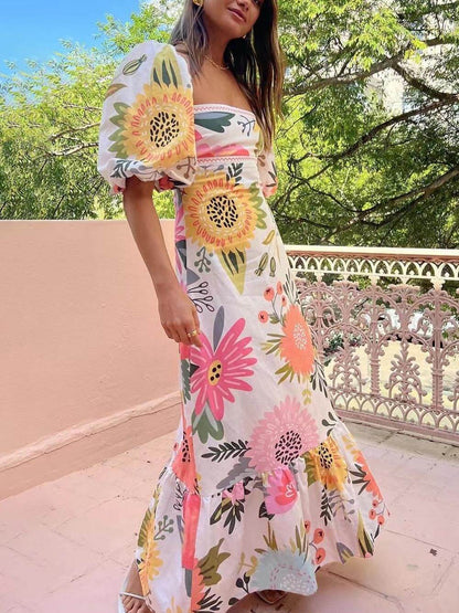Maxikleid Mit Blumenmuster, Quadratischem Ausschnitt Und Ballonärmeln