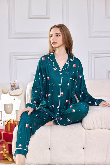 Rosafarbenes Langes Satin-Pyjama-Set Mit Zuckerstangenmuster