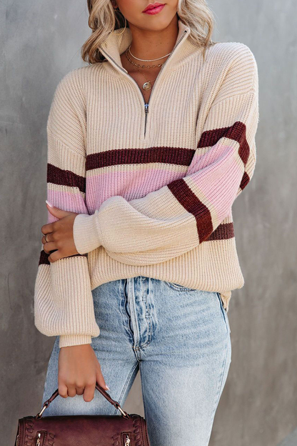 Lässiger, Schlichter Patchwork-Pullover Mit Reißverschlusskragen