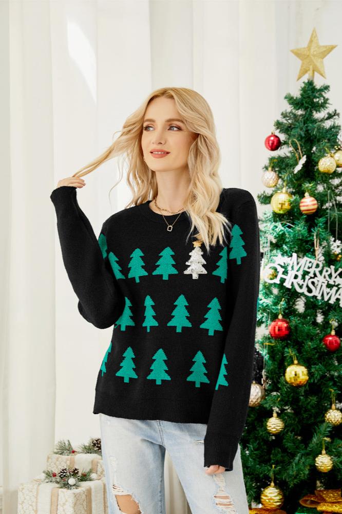 Glitzernder Strickpullover Mit Weihnachtsbaummuster