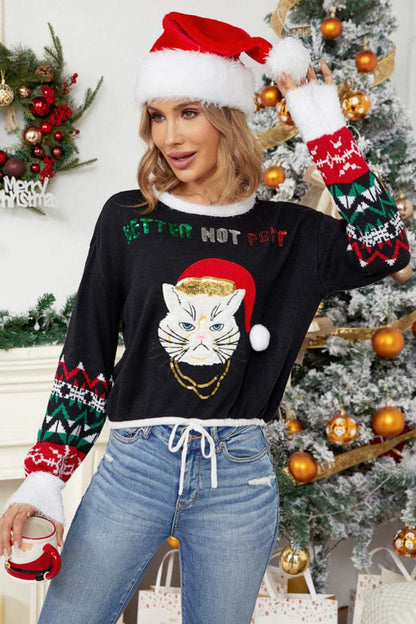 Pullover Mit Rundhalsausschnitt, Katzen-Stickerei Und Pailletten