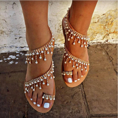 Orthopädische Sandalen Mit Flacher Sohle Und Perlendetails, Bequeme Sandalen