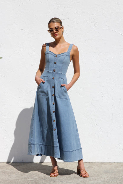 Elegantes Denim-Midikleid Mit Herzausschnitt