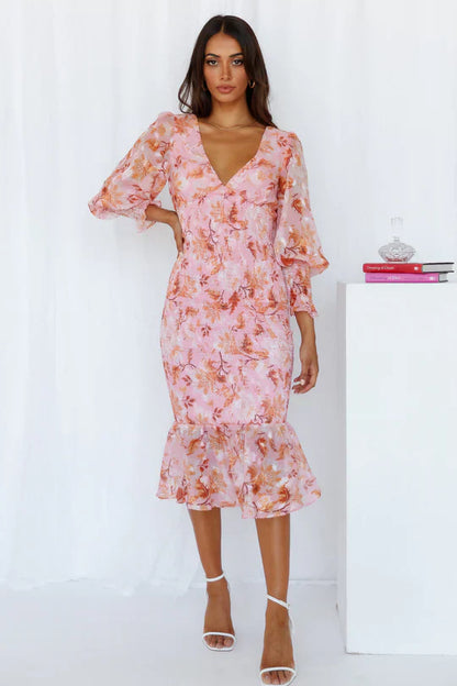 Gemustertes Midikleid Mit V-Ausschnitt