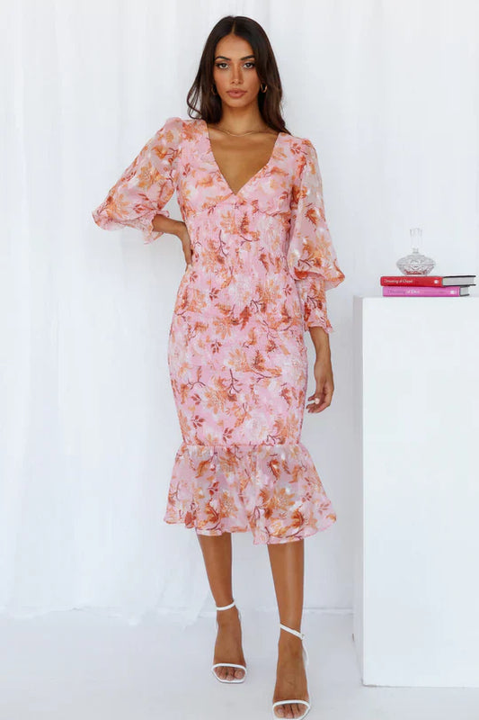 Gemustertes Midikleid Mit V-Ausschnitt