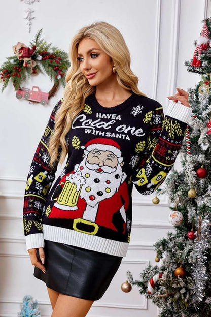 Strickpullover Mit Weihnachtsmann-Biermuster