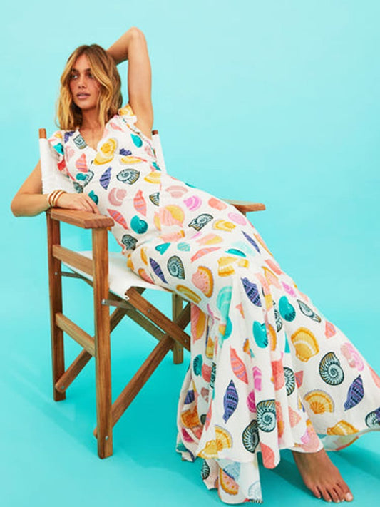 Viskose-Leinen-Kleid Mit Muschel-Print