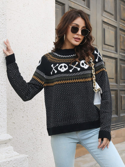 Strickpullover Mit Retro-Totenkopfmuster