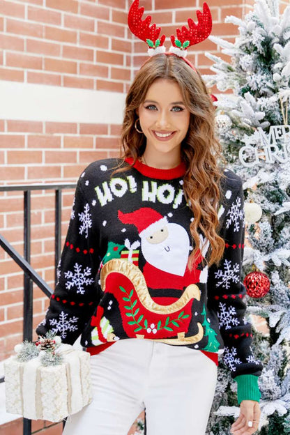 Lässiger Pullover Mit Rundhalsausschnitt Und Weihnachtsmann-Stickerei