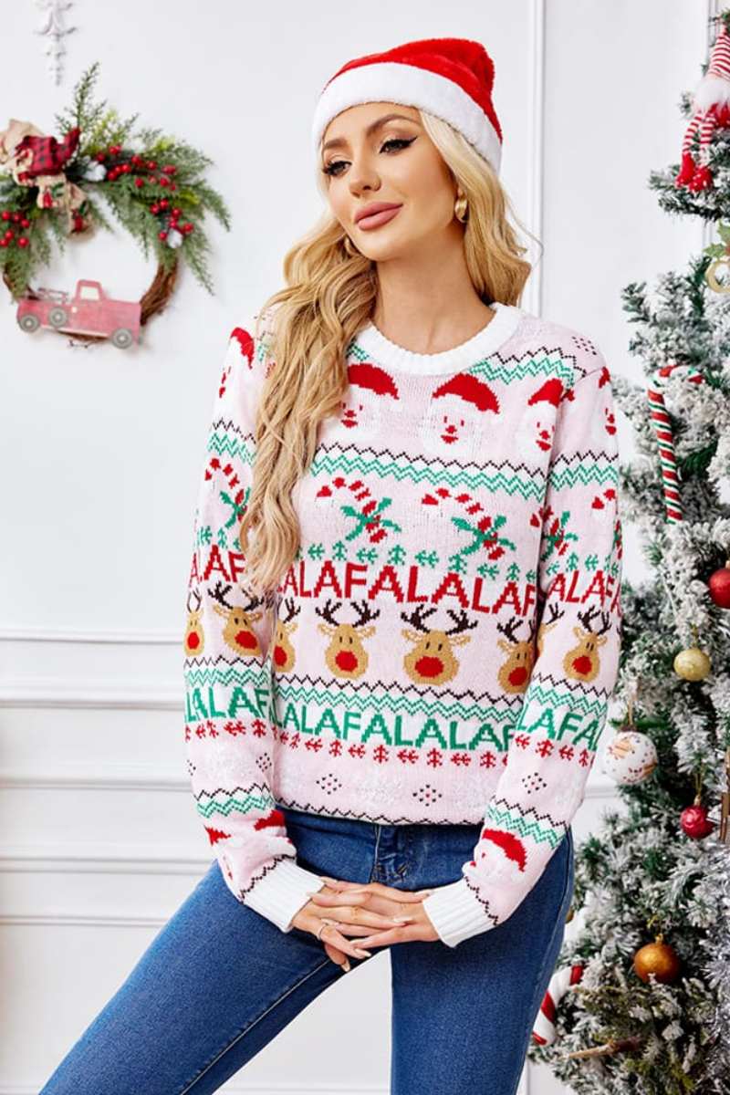 Lässiger Pullover Mit Rundhalsausschnitt Und Weihnachts-Cartoon-Stickerei
