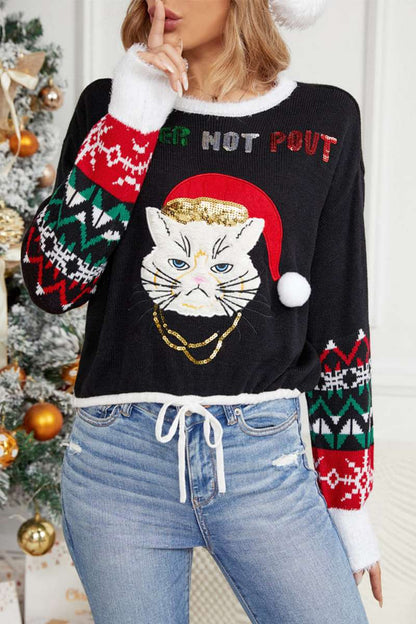 Pullover Mit Rundhalsausschnitt, Katzen-Stickerei Und Pailletten