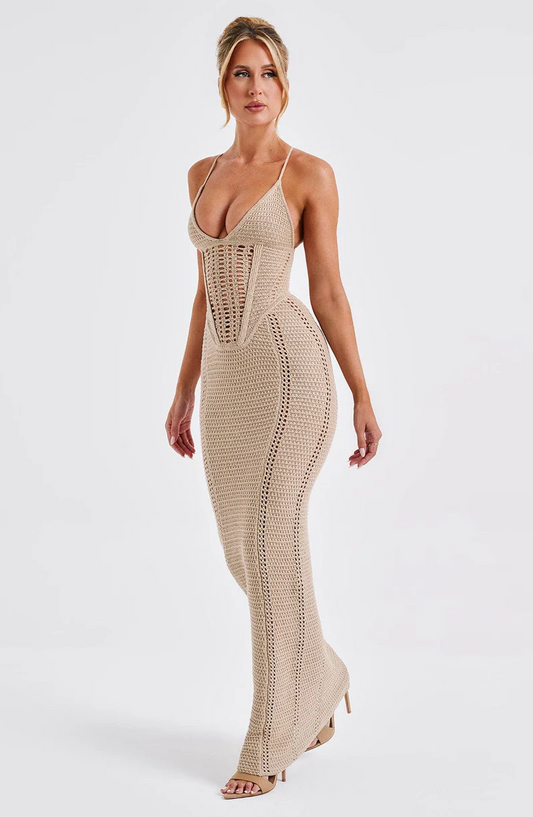 Gestricktes Maxi-Strickpulloverkleid Mit Tiefem Ausschnitt
