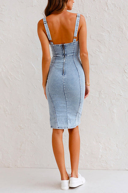 Denim-Midikleid Mit U-Ausschnitt Und Schlitz