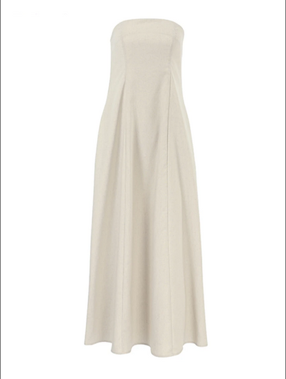 Khakifarbenes A-Linien-Kleid Aus Leinen Mit Taschen