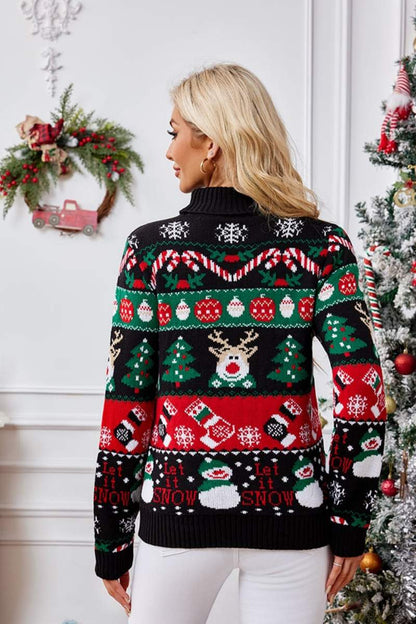 Weihnachtspullover Mit Hohem Kragen Und Schneemann-Stickerei