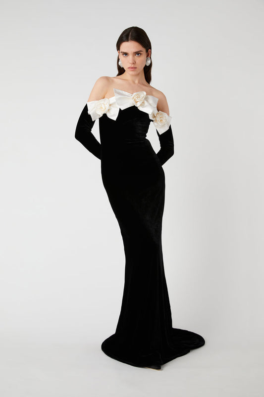 Schulterfreies Maxikleid Aus Samt Mit Schleifendetail