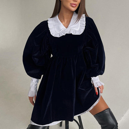 Elegantes Minikleid İm Französischen Stil Mit Hohem Kragen