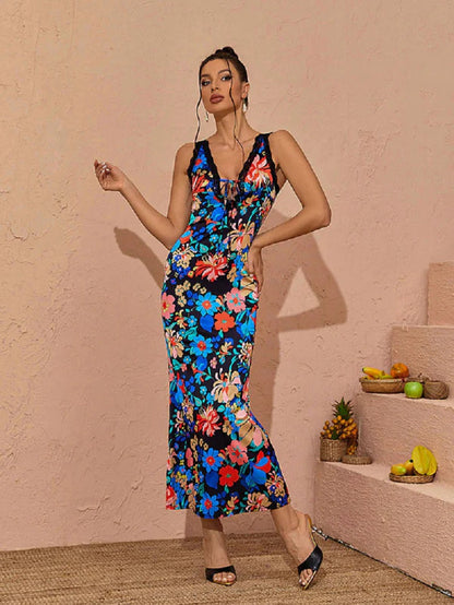 Elegantes Midikleid Mit V-Ausschnitt Und Blumenmuster