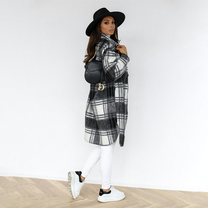 Elegante Karojacke İm Longshirt-Stil Für Damen