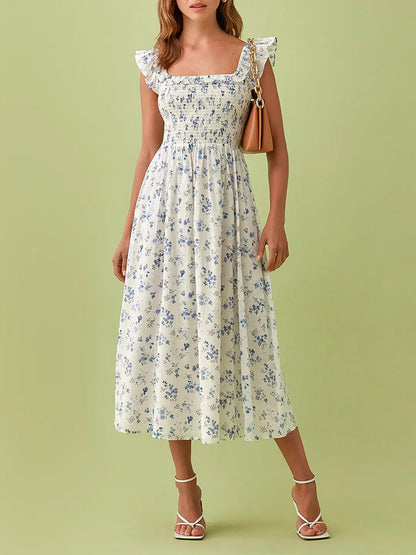 Stilvolles Gemustertes Midikleid Mit Quadratischem Ausschnitt