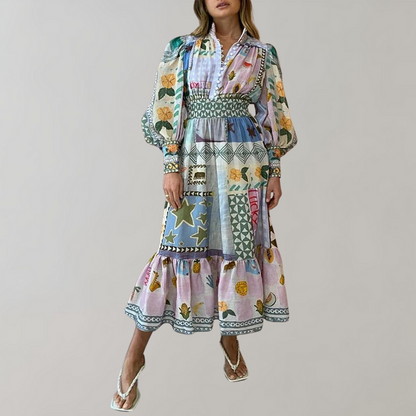 Traditionelles Midikleid Mit V-Ausschnitt Und Langen Ärmeln